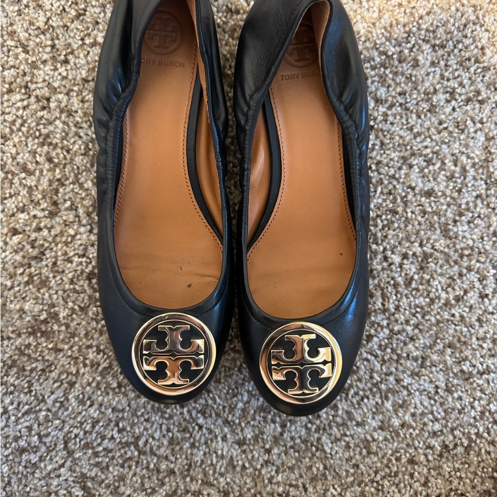 Tory Burch Black Flats with Gold Logo